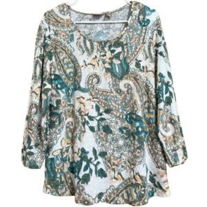 Chico’s Women’s Green Multi Floral & Paisley Print 3/4 Sleeve Shirt Sz-M